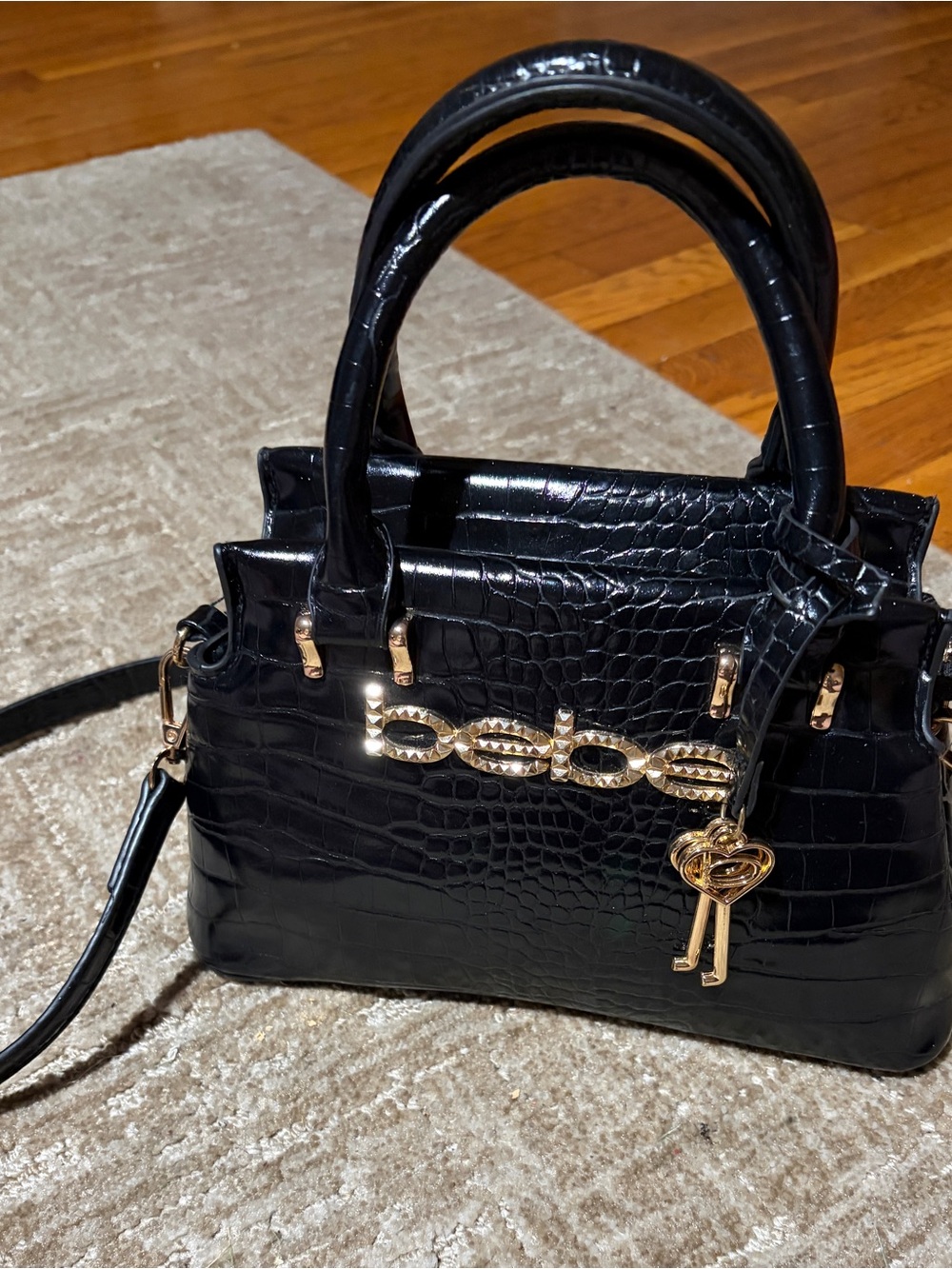 Black Croc-Embossed Top-Handle Satchel with Gold Hardware